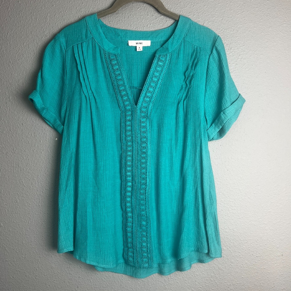 MINE Crochet Trim Tunic Top Blouse Short Sleeve Coastal Casual Teal Blue Size S